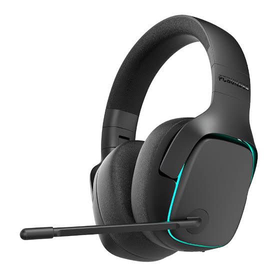 Over-ear gaming headset with teal accents and microphone