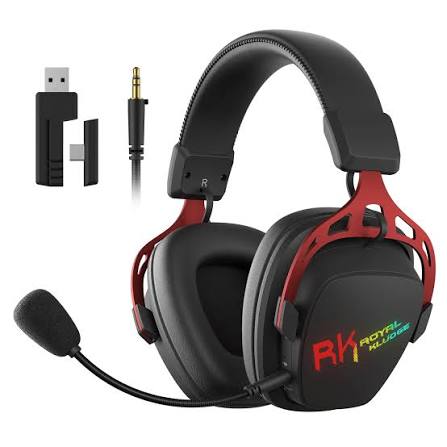 Black gaming headset with red trim and microphone